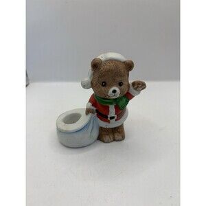 VINTAGE Bisque 4" Waving Santa Bear w/Sack Christmas Candle Figurine-JSNY Taiwan